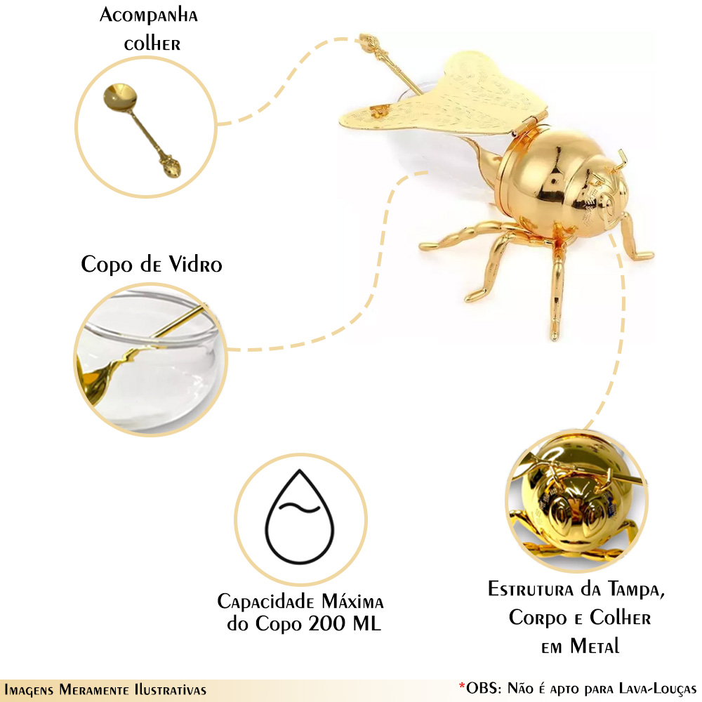 Meleira Abelha Bee Porta Mel e Açucar Copo de Vidro com Colher Dourada G95 - Gran Belo