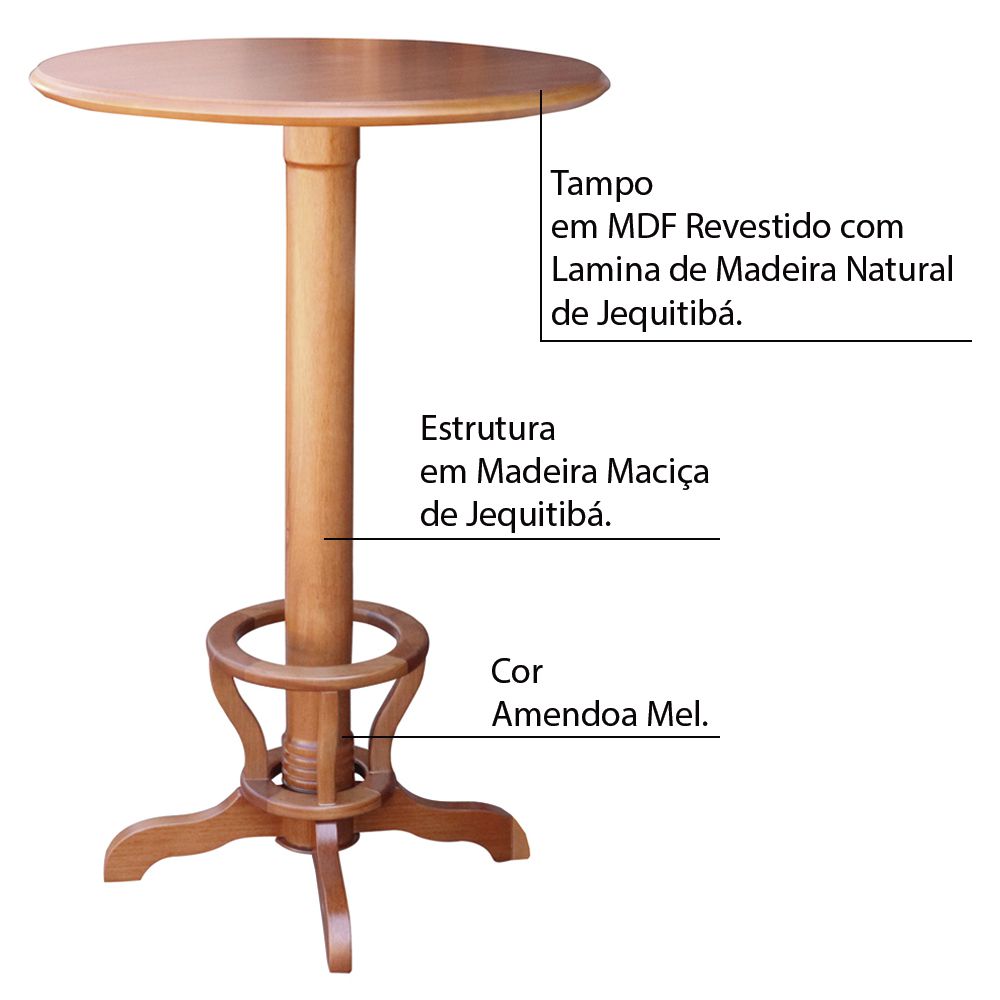 Mesa Bar Redonda com Suporte para pés Madeira Maciça Adan Amêndoa Mel G36 - Gran Belo