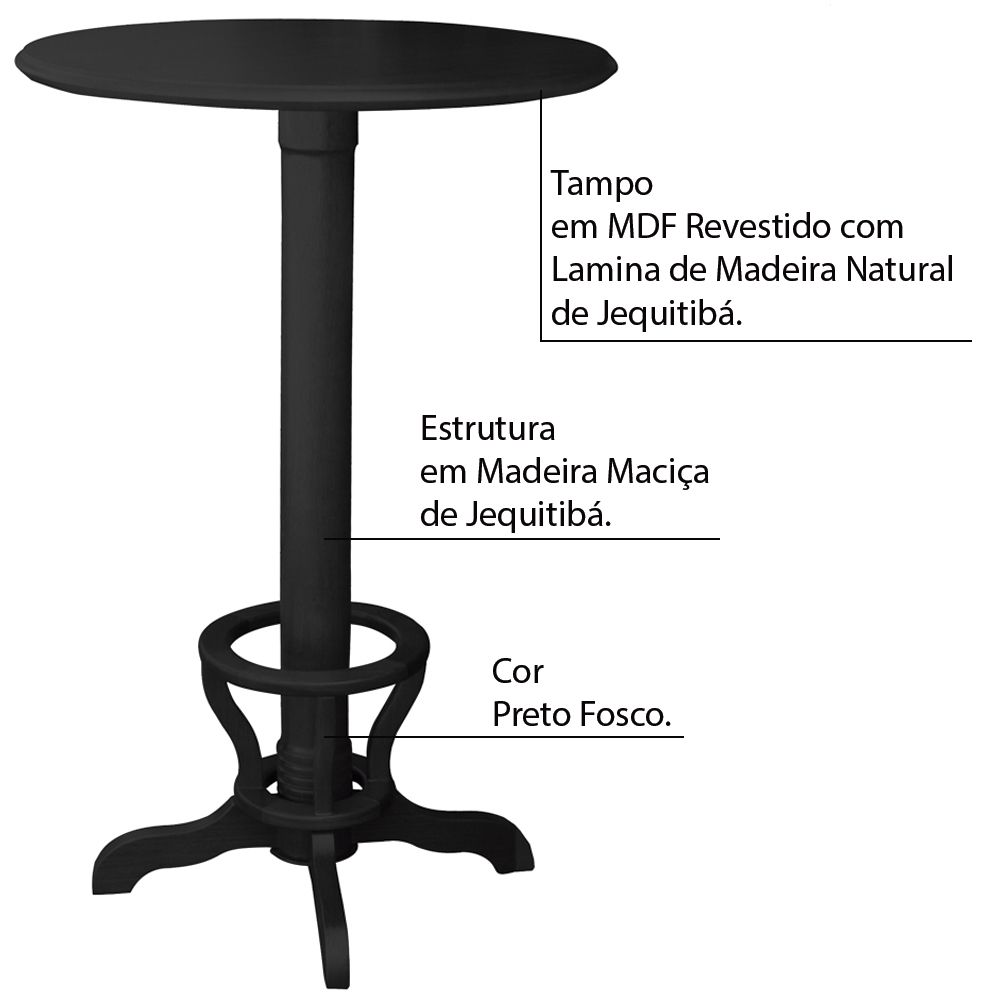 Mesa Bar Redonda com Suporte para pés Madeira Maciça Adan Preto Fosco G36 - Gran Belo