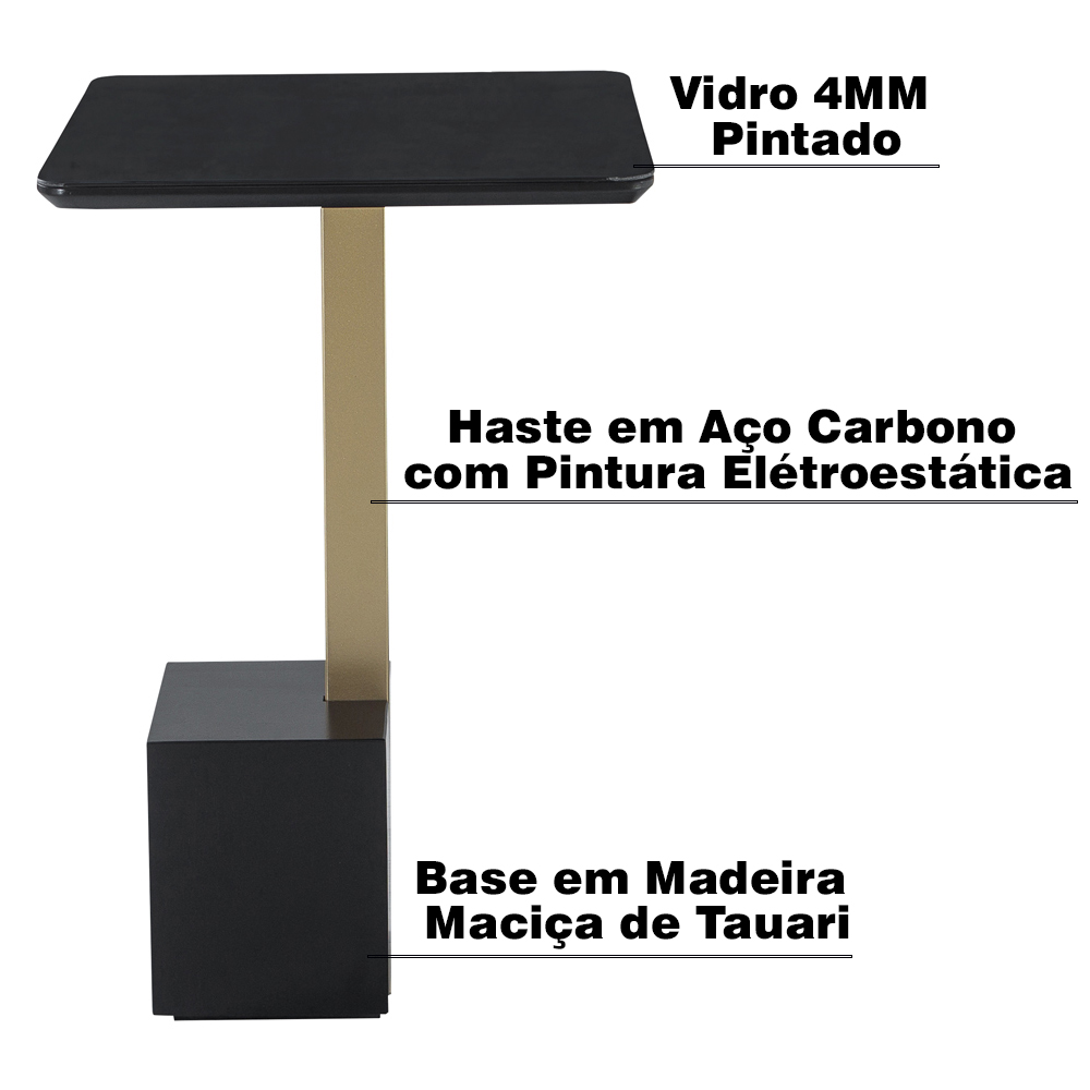 Mesa Lateral Decorativa Para Sala de Estar Goagil 35x35 Tampo e Base Preto Metal Dourado G55 - Gran Belo
