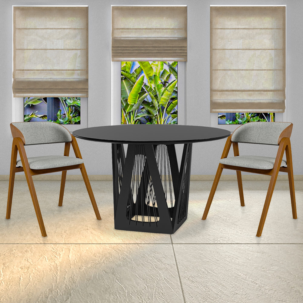 Mesa Sala de Jantar 4 Lugares 135cm Tampo Redondo de Vidro Giaguaro Preto/Ébano G13 - Gran Belo