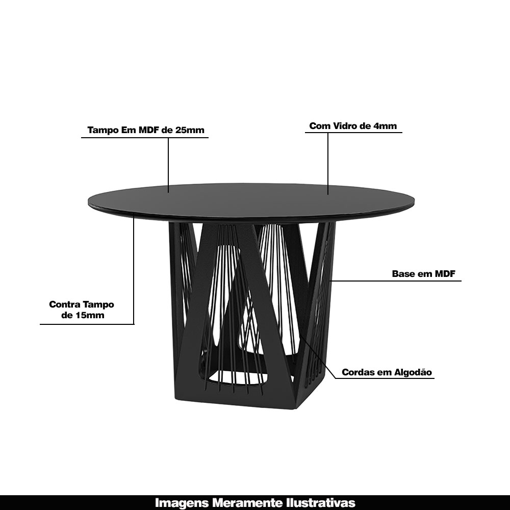 Mesa Sala de Jantar 4 Lugares 135cm Tampo Redondo de Vidro Giaguaro Preto/Ébano G13 - Gran Belo