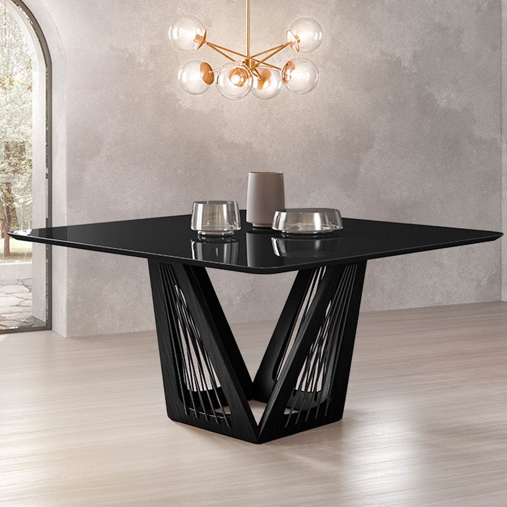 Mesa Sala de Jantar 4 Lugares 150cm Tampo Quadrado de Vidro Giaguaro Preto/Ébano G13 - Gran Belo