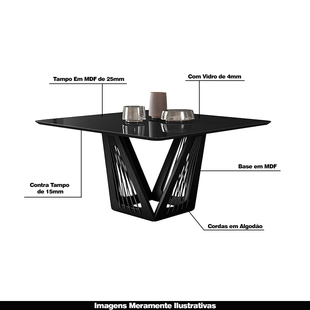 Mesa Sala de Jantar 4 Lugares 150cm Tampo Quadrado de Vidro Giaguaro Preto/Ébano G13 - Gran Belo
