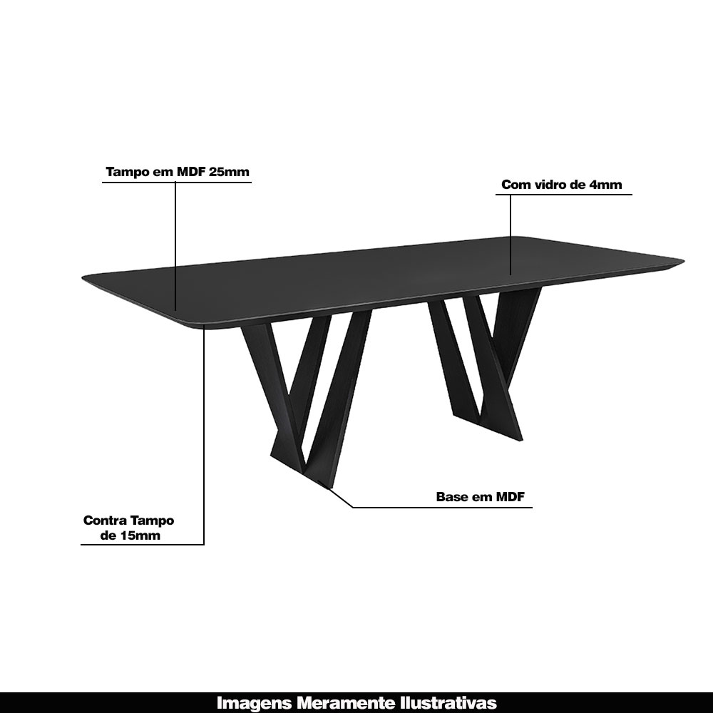 Mesa Sala de Jantar 8 Lugares 250cm Tampo com Vidro Shuri Preto/Ébano G13 - Gran Belo