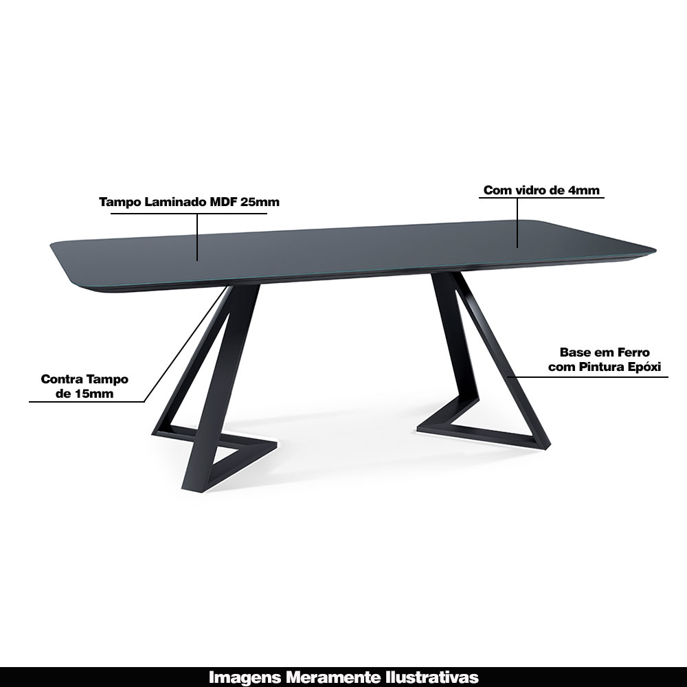Mesa Sala de Jantar 8 Lugares 250cm Tampo de Vidro Efron Preto G13 - Gran Belo