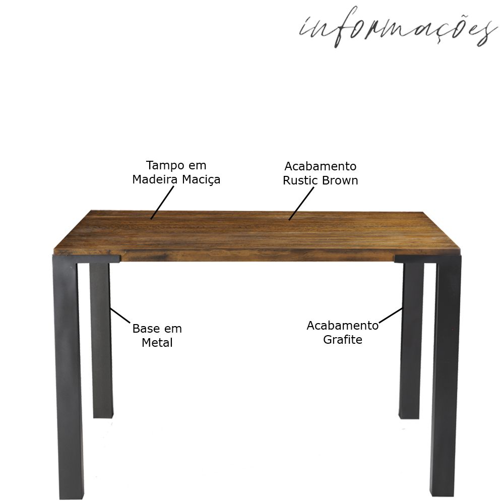 Mesa Sala de Jantar Cozinha Bladel Quadrada 120cm Grafite Madeira Maciça Rustic Brown G54 - Gran Belo