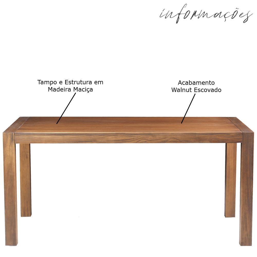 Mesa Sala de Jantar Cozinha Dumai 140cm Madeira Maciça Walnut Escovado G54 - Gran Belo