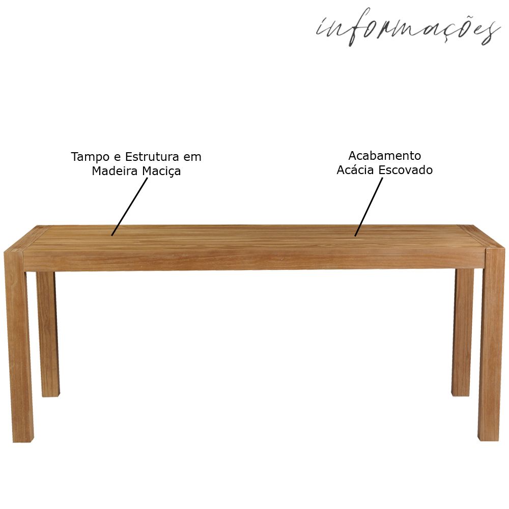 Mesa Sala de Jantar Cozinha Dumai 190cm Madeira Maciça Acácia Escovado G54 - Gran Belo