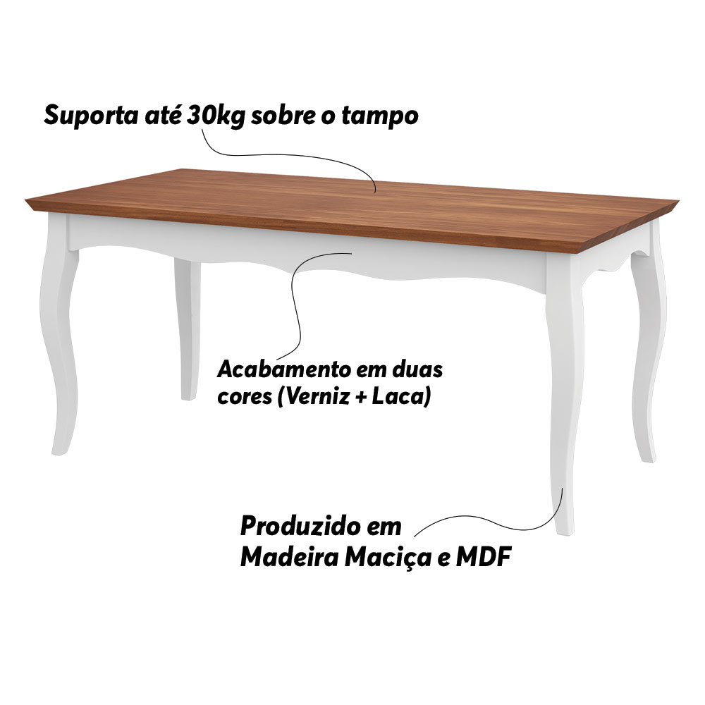 Mesa Sala de Jantar Cozinha Gallia 160cm Madeira Maciça e MDF Branco/Imbuia G42 - Gran Belo