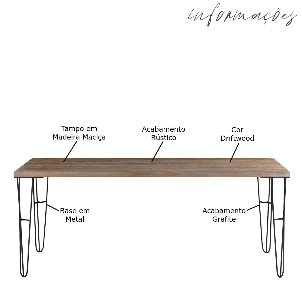 Mesa Sala de Jantar Cozinha Ludiana 160cm Grafite Madeira Maciça Driftwood G54 - Gran Belo