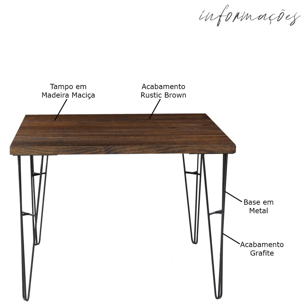 Mesa Sala de Jantar Cozinha Ludiana Quadrada 100cm Grafite Madeira Maciça Rustic Brown G54 - Gran Belo