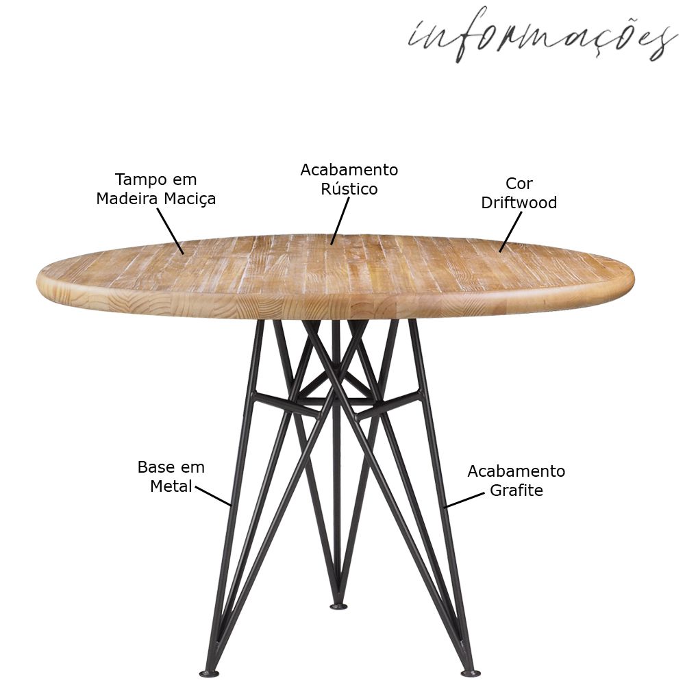 Mesa Sala de Jantar Cozinha Monary Redonda 110cm Grafite Madeira Maciça Driftwood G54 - Gran Belo