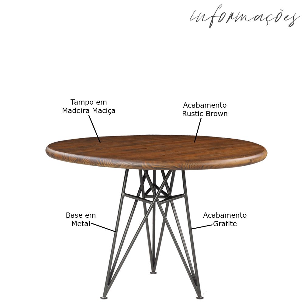 Mesa Sala de Jantar Cozinha Monary Redonda 110cm Grafite Madeira Maciça Rustic Brown G54 - Gran Belo