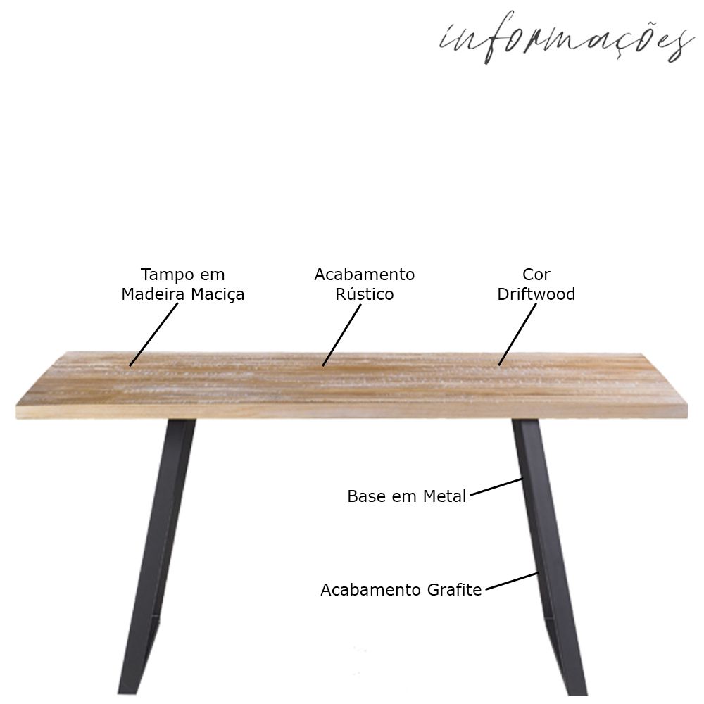 Mesa Sala de Jantar Cozinha Ogleary 160cm Grafite Madeira Maciça Driftwood G54 - Gran Belo