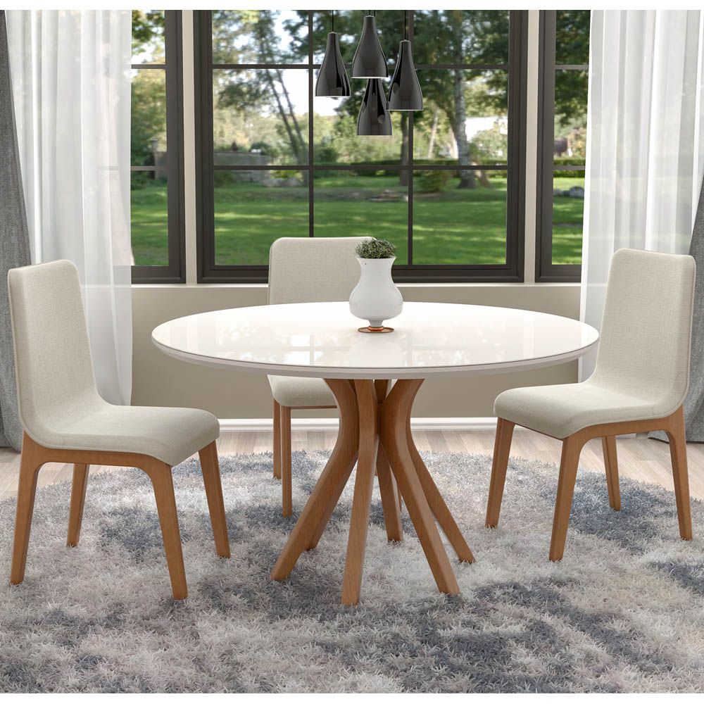 Mesa Sala de Jantar Cozinha Redonda Tampo de Vidro 130cm Willy Off White/Champagne G60 - Gran Belo