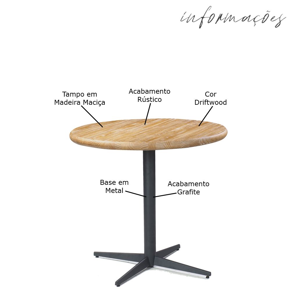 Mesa Sala de Jantar Cozinha Shery Redonda 70cm Grafite Madeira Maciça Driftwood G54 - Gran Belo