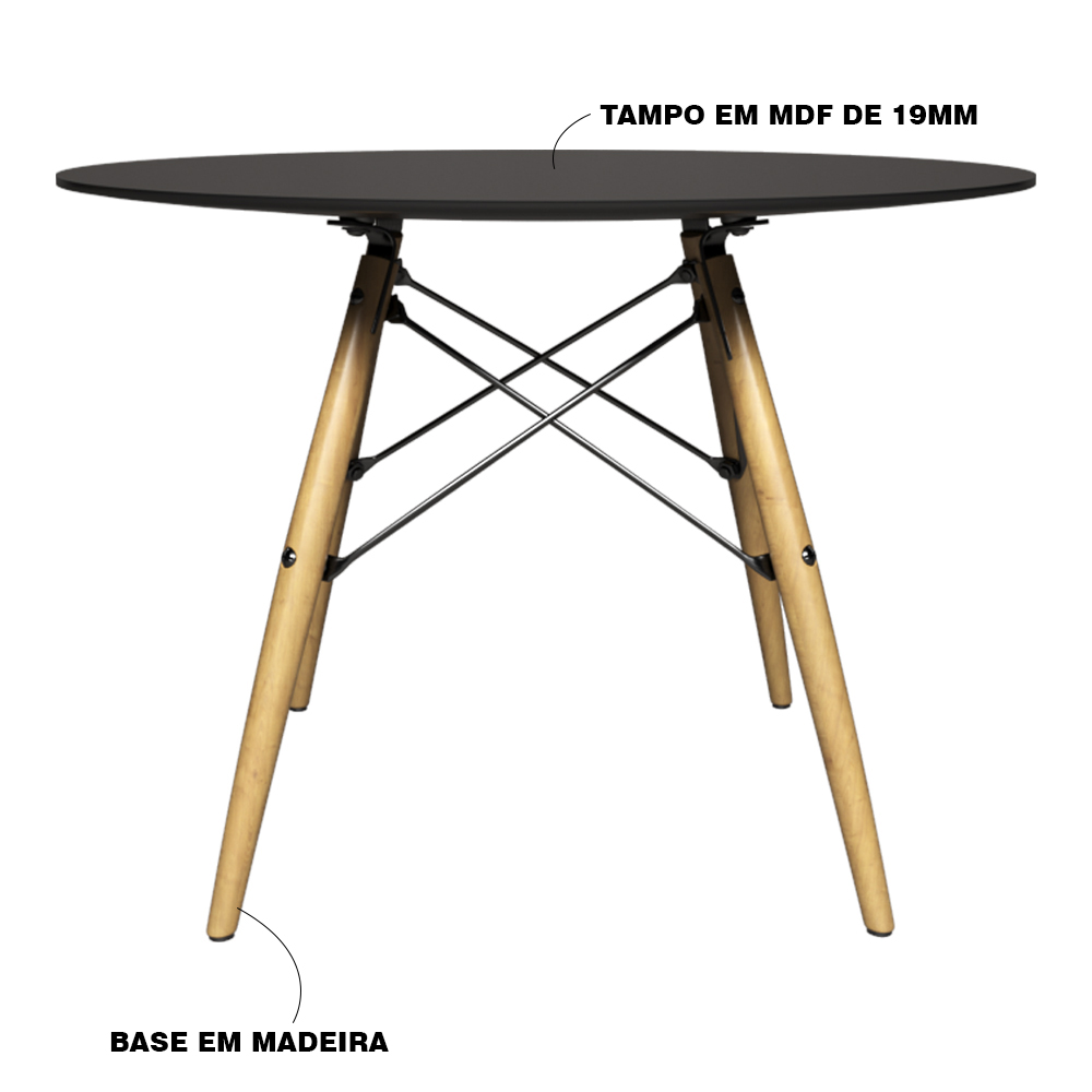 Mesa Sala de Jantar Gustave Redonda Tampo MDF Base Madeira Preto G56 - Gran Belo