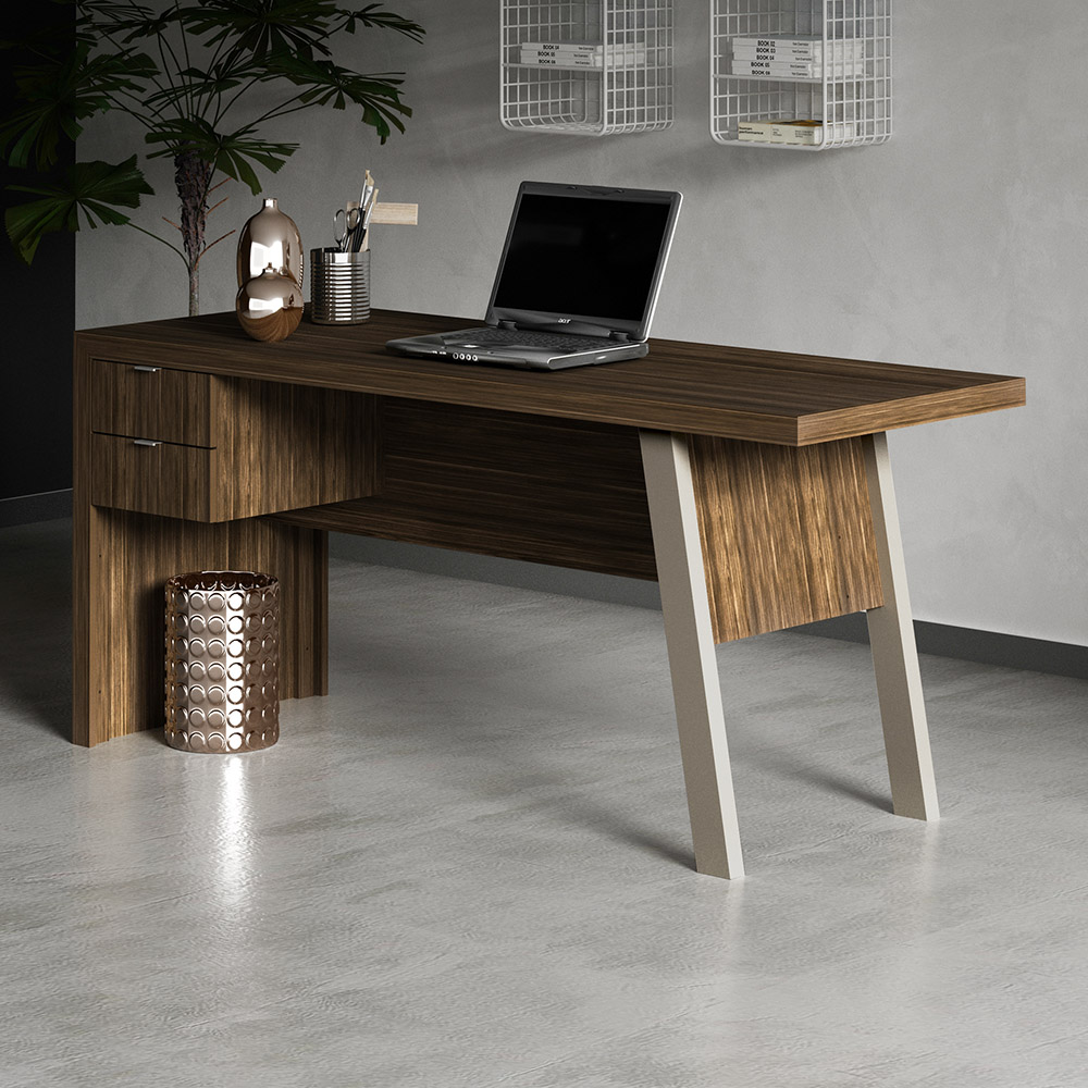 Mesa com 2 Gavetas para Escritório Home Office ME4122 MDP Nogal/Fendi G69 - Gran Belo