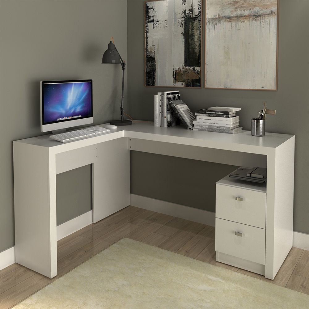 Mesa com 2 Gavetas para Escritório Home Office ME4129 MDP Branco G69 - Gran Belo