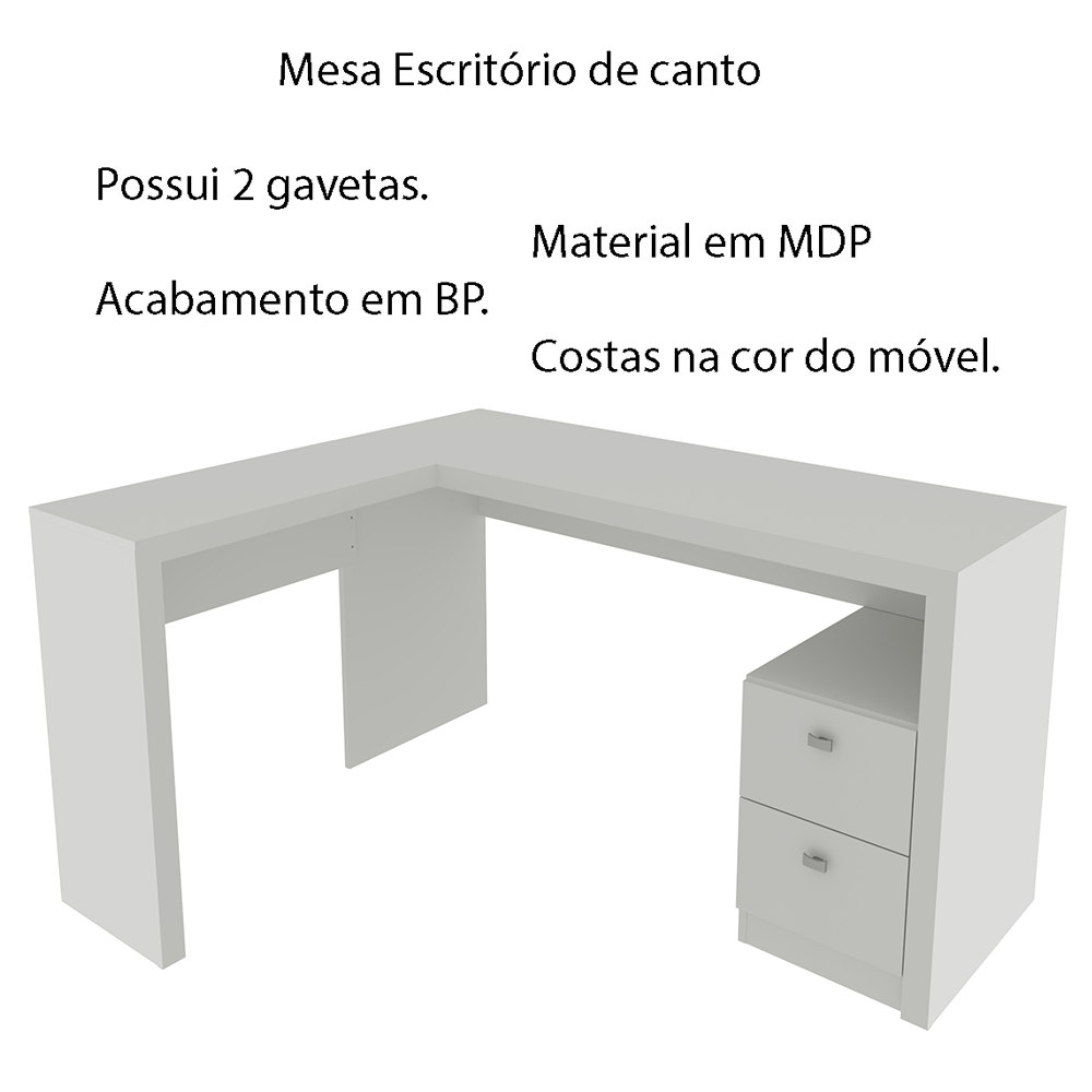 Mesa com 2 Gavetas para Escritório Home Office ME4129 MDP Branco G69 - Gran Belo