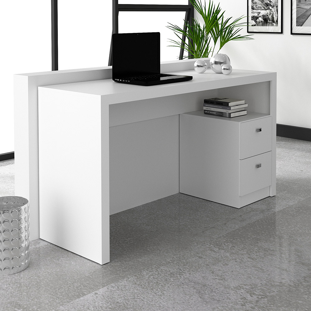 Mesa com 2 Gavetas para Escritório Home Office ME4130 MDP Branco G69 - Gran Belo