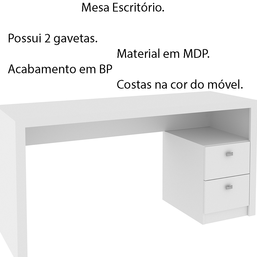 Mesa com 2 Gavetas para Escritório Home Office ME4130 MDP Branco G69 - Gran Belo