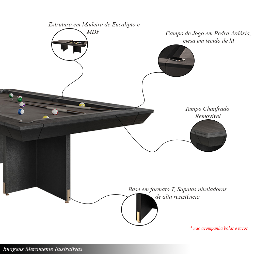 Mesa de Bilhar Sinuca e Jantar Oban Versátil com Tampo Removível 250 cm Base T Preto G84 - Gran Belo