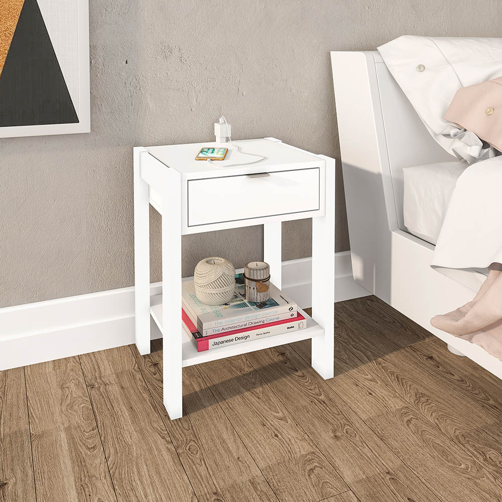 Mesa de Cabeçeira para Quarto Decorativa AZ1016 MDP Branco/Branco G69 - Gran Belo