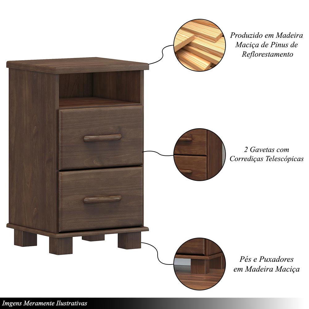 Mesa de Cabeceira 2 Gavetas Madeira Maciça Naipe Café - G74 - Gran Belo