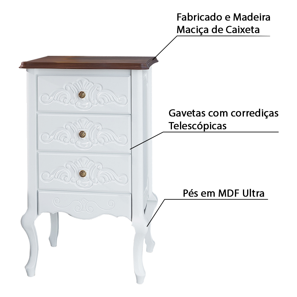 Mesa de Cabeceira Decorativa Zahra 3 Gavetas Branco/Imbuía G71 - Gran Belo