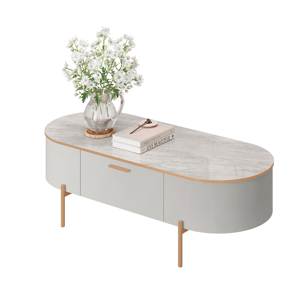 Mesa de Centro Decorativa Bento 1 Gaveta Pés Metálicos Dourados Fendi/Quartzo G18 - Gran Belo