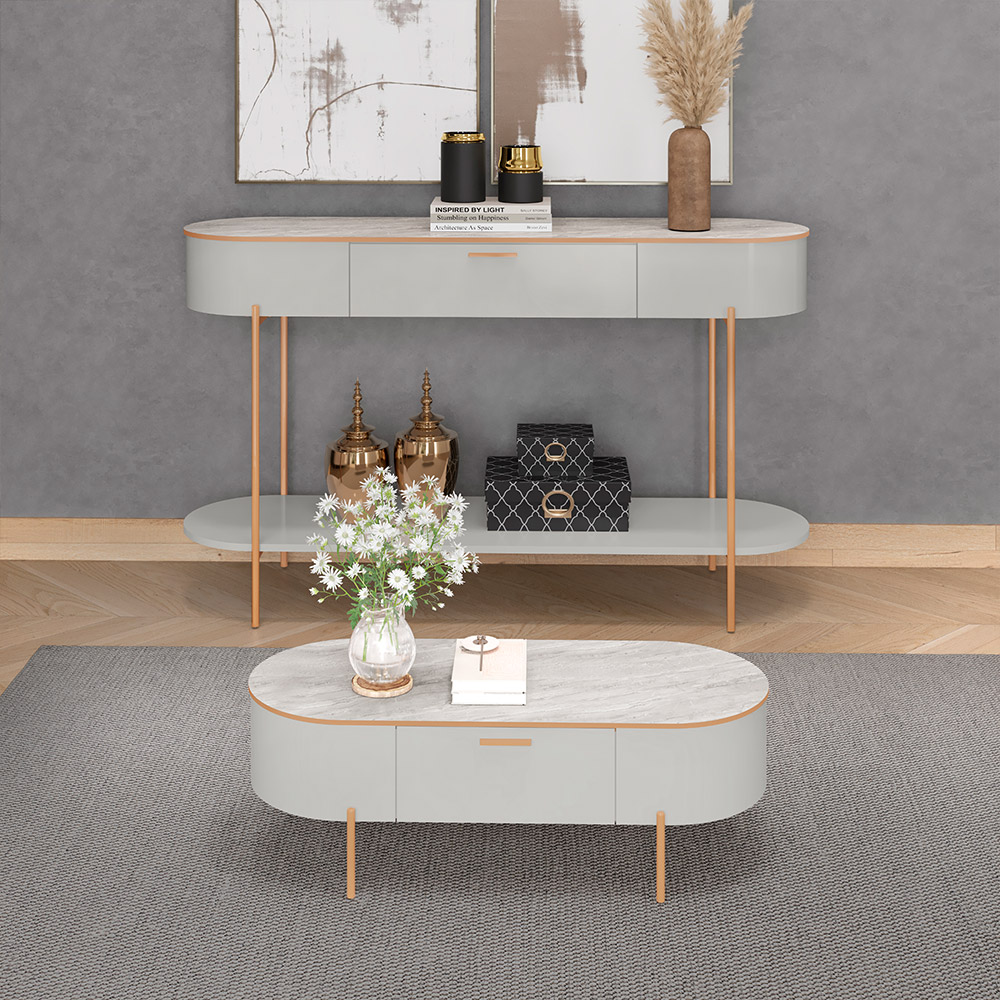 Mesa de Centro Decorativa Bento 1 Gaveta Pés Metálicos Dourados Fendi/Quartzo G18 - Gran Belo