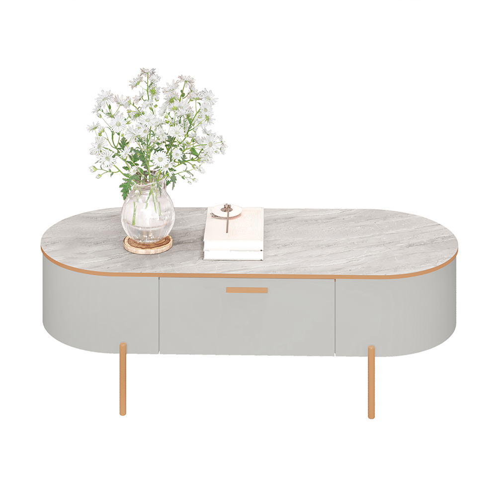Mesa de Centro Decorativa Bento 1 Gaveta Pés Metálicos Dourados Fendi/Quartzo G18 - Gran Belo