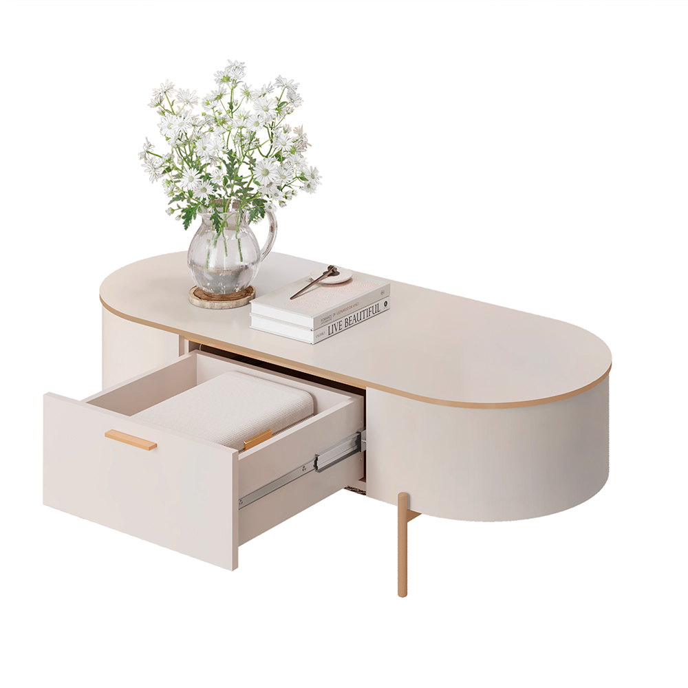 Mesa de Centro Decorativa Bento 1 Gaveta Pés Metálicos Dourados Off White G18 - Gran Belo