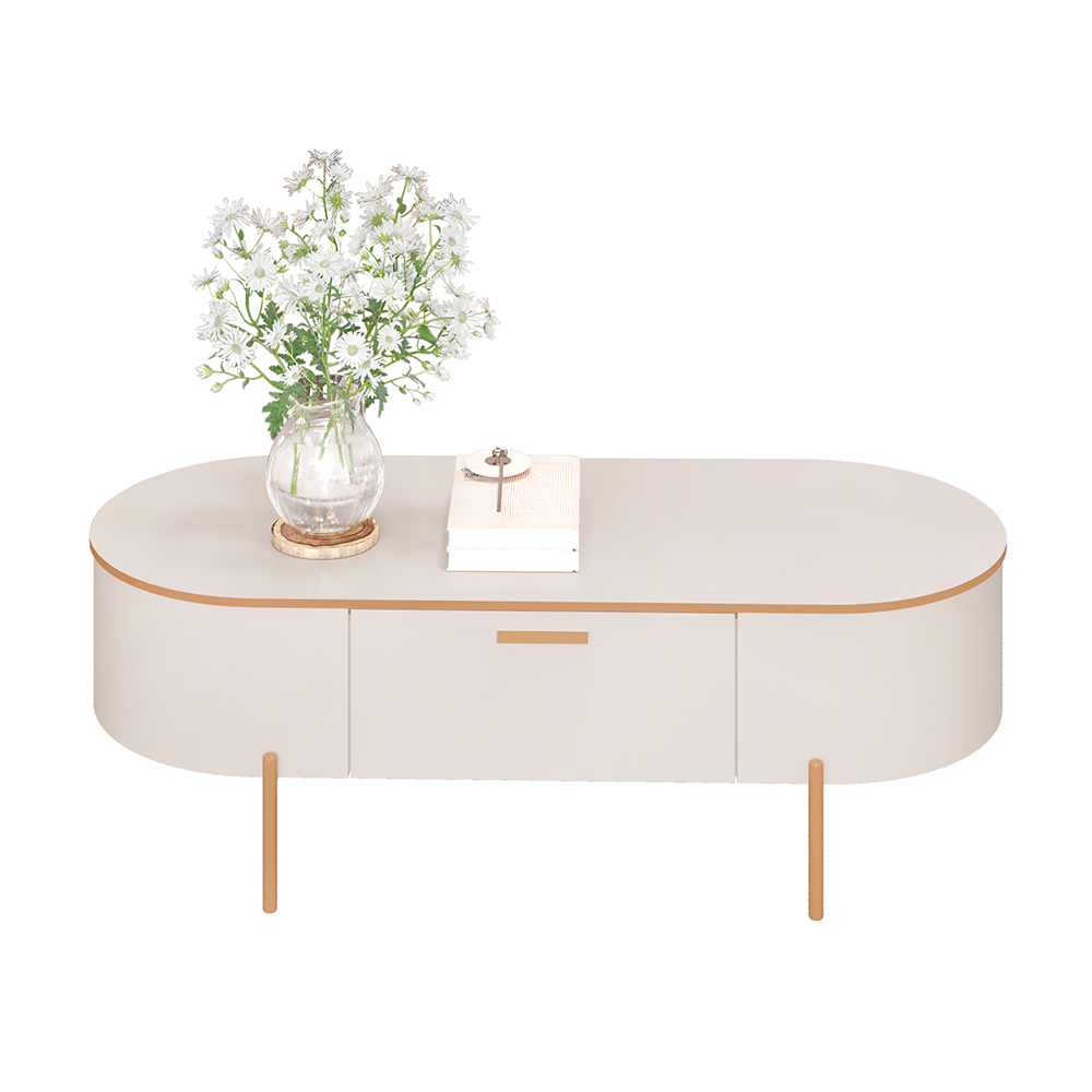 Mesa de Centro Decorativa Bento 1 Gaveta Pés Metálicos Dourados Off White G18 - Gran Belo