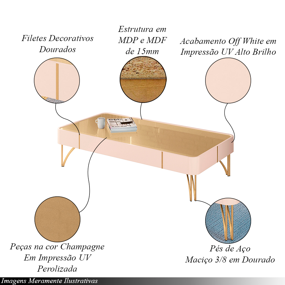 Mesa de Centro Decorativa Cadenza Pés de Aço MDP/MDF Off White/Champagne G26 - HB Móveis