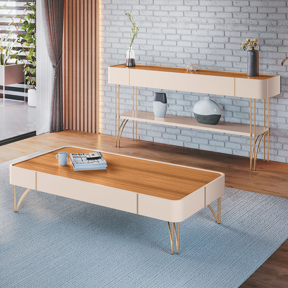 Mesa de Centro Decorativa Rennes MDP/MDF Pés de Aço Off White/Cinamomo G26 - Gran Belo