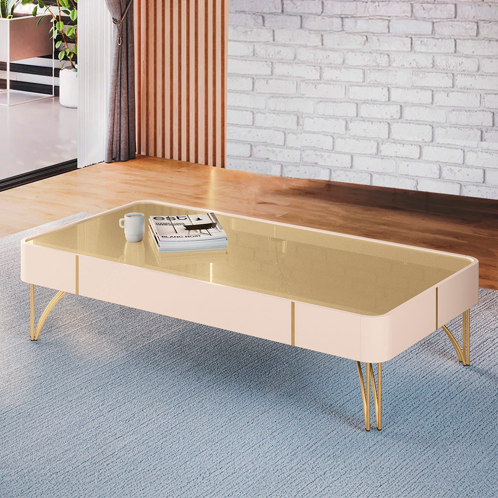Mesa de Centro Rennes Decorativa MDP/MDF Pés de Aço Off White/Champagne G26 - Gran Belo