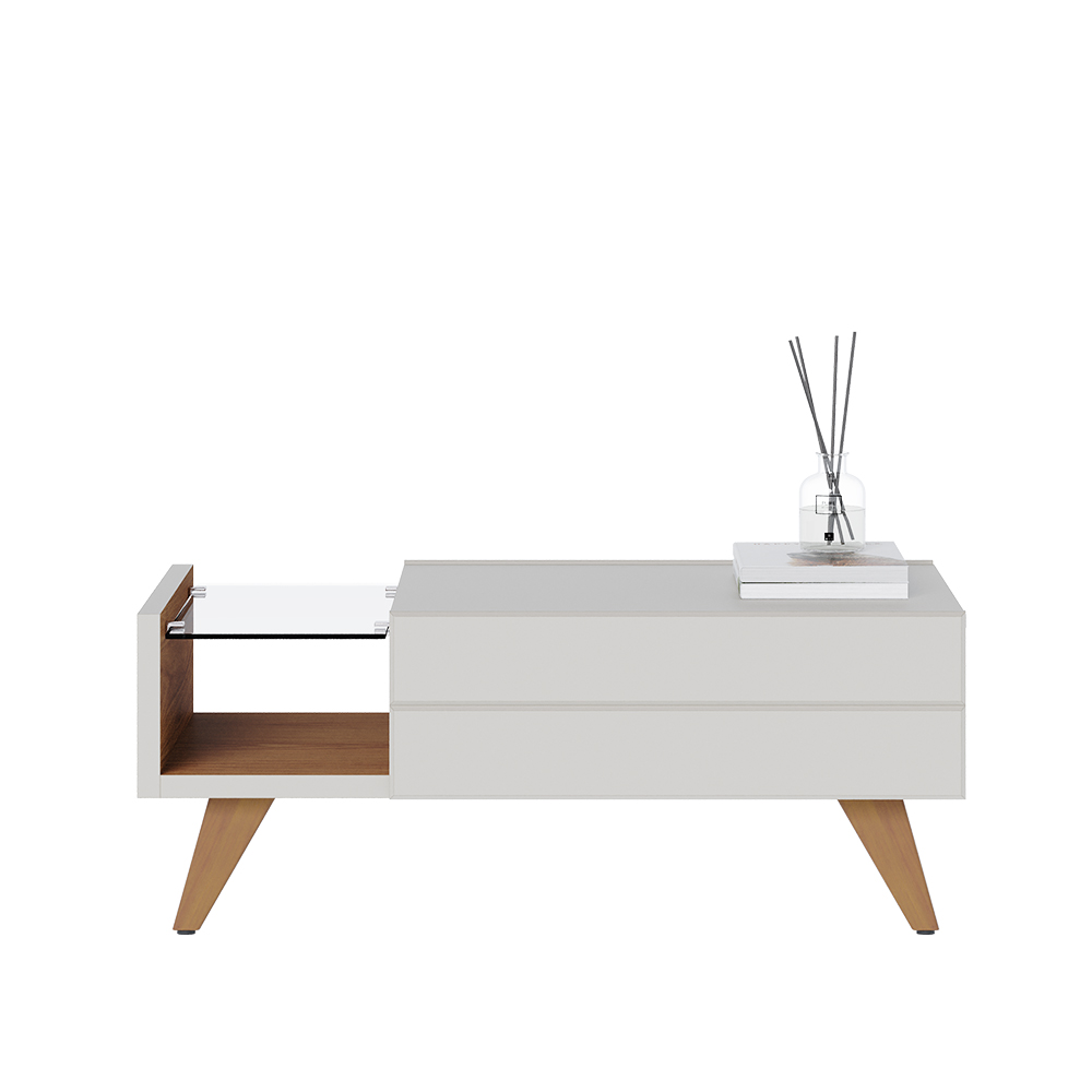 Mesa de Centro Sancho para Sala de Estar Versátil Tampo em vidro 6mm e pés em madeira Off White/Freijó