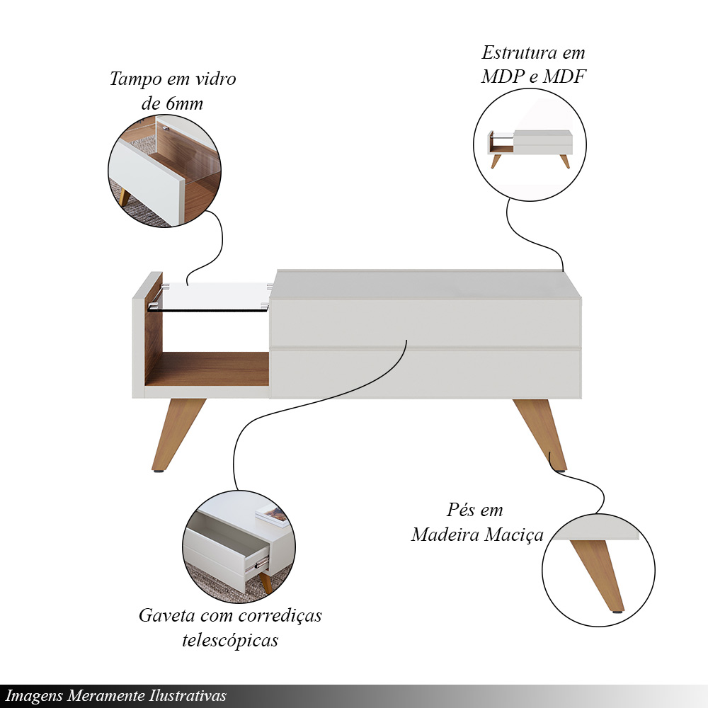 Mesa de Centro Sancho para Sala de Estar Versátil Tampo em vidro 6mm e pés em madeira Off White/Freijó