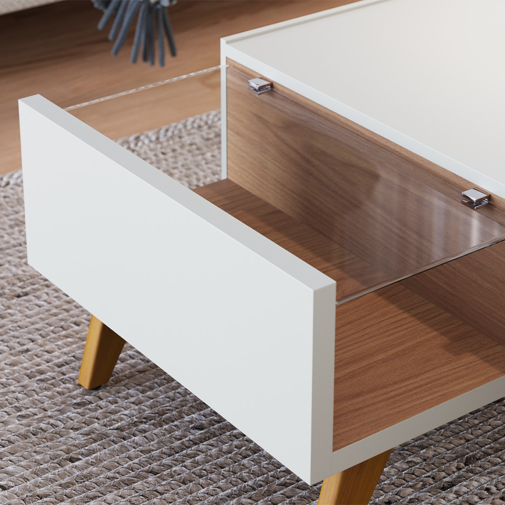 Mesa de Centro Sancho para Sala de Estar Versátil Tampo em vidro 6mm e pés em madeira Off White/Freijó