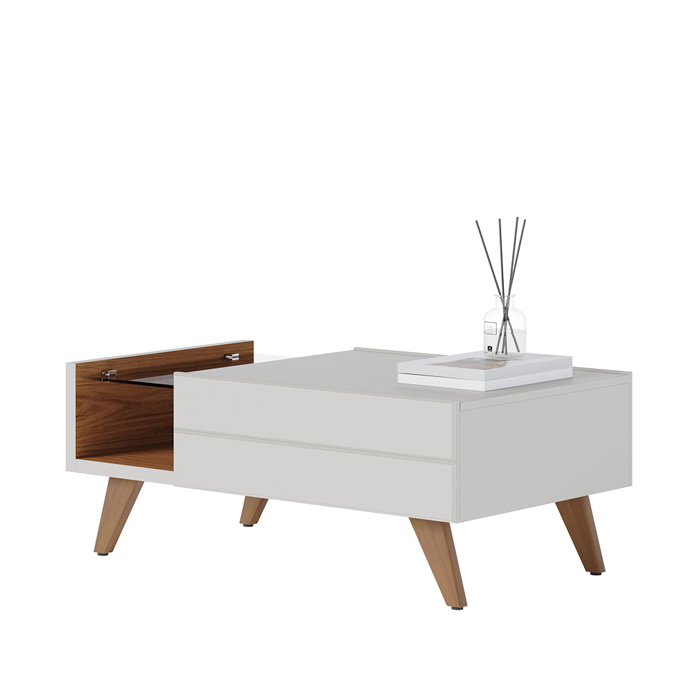 Mesa de Centro Sancho para Sala de Estar Versátil Tampo em vidro 6mm e pés em madeira Off White/Freijó