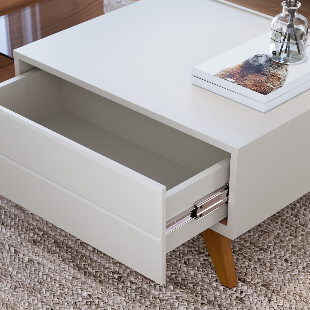 Mesa de Centro Sancho para Sala de Estar Versátil Tampo em vidro 6mm e pés em madeira Off White/Freijó