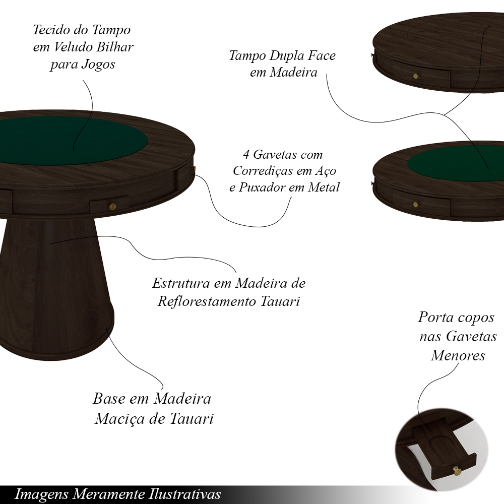 Mesa de Jogos Carteado 4 Lugares Bellagio com Gavetas e Tampo Reversível Base Cone com Tecido Capuccino/Verde G42 - Gran Belo