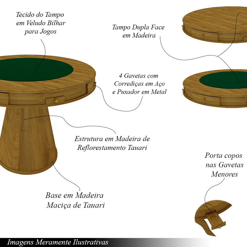Mesa de Jogos Carteado 4 Lugares Bellagio com Gavetas e Tampo Reversível Base Cone com Tecido Mel/Verde G42 - Gran Belo