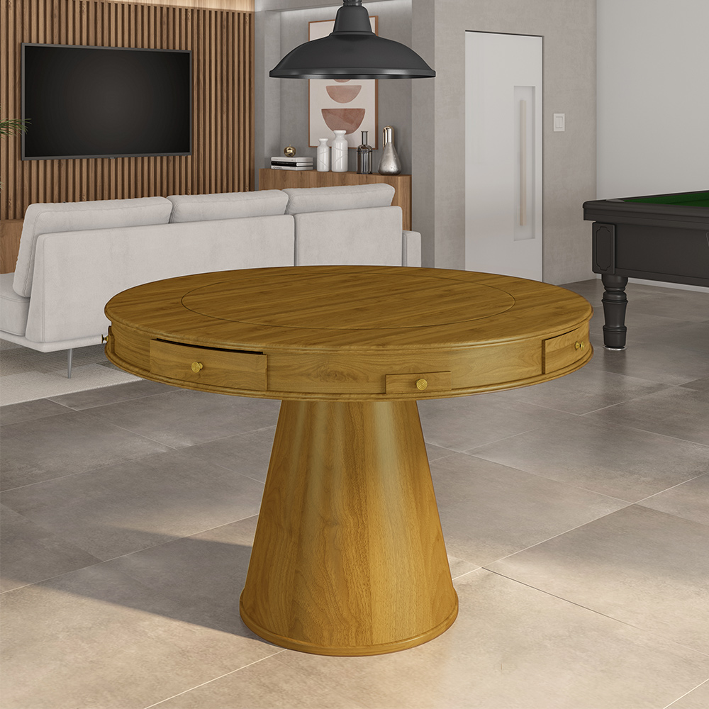 Mesa de Jogos Carteado 4 Lugares Bellagio com Gavetas e Tampo Reversível Base Cone com Tecido Mel/Verde G42 - Gran Belo