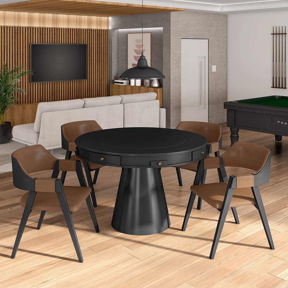 Mesa de Jogos Carteado 4 Lugares Bellagio com Gavetas e Tampo Reversível Base Cone com Tecido Preto/Verde G42 - Gran Belo