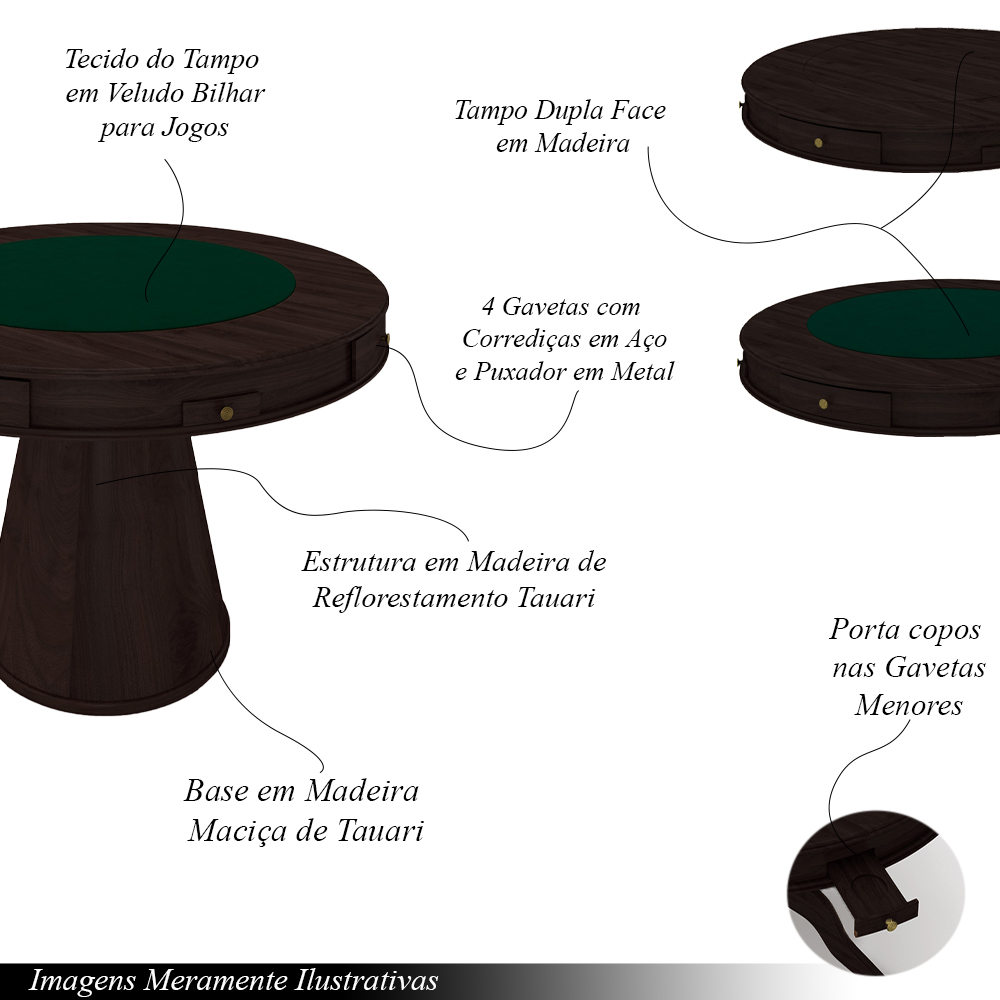 Mesa de Jogos Carteado 4 Lugares Bellagio com Gavetas e Tampo Reversível Base Cone com Tecido Tabaco/Verde G42 - Gran Belo