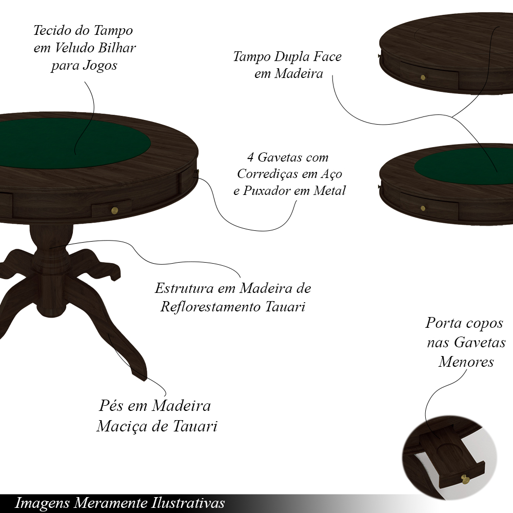 Mesa de Jogos Carteado 4 Lugares Bellagio com Gavetas e Tampo Reversível Base Estrela com Tecido Capuccino/Verde G42 - Gran Belo